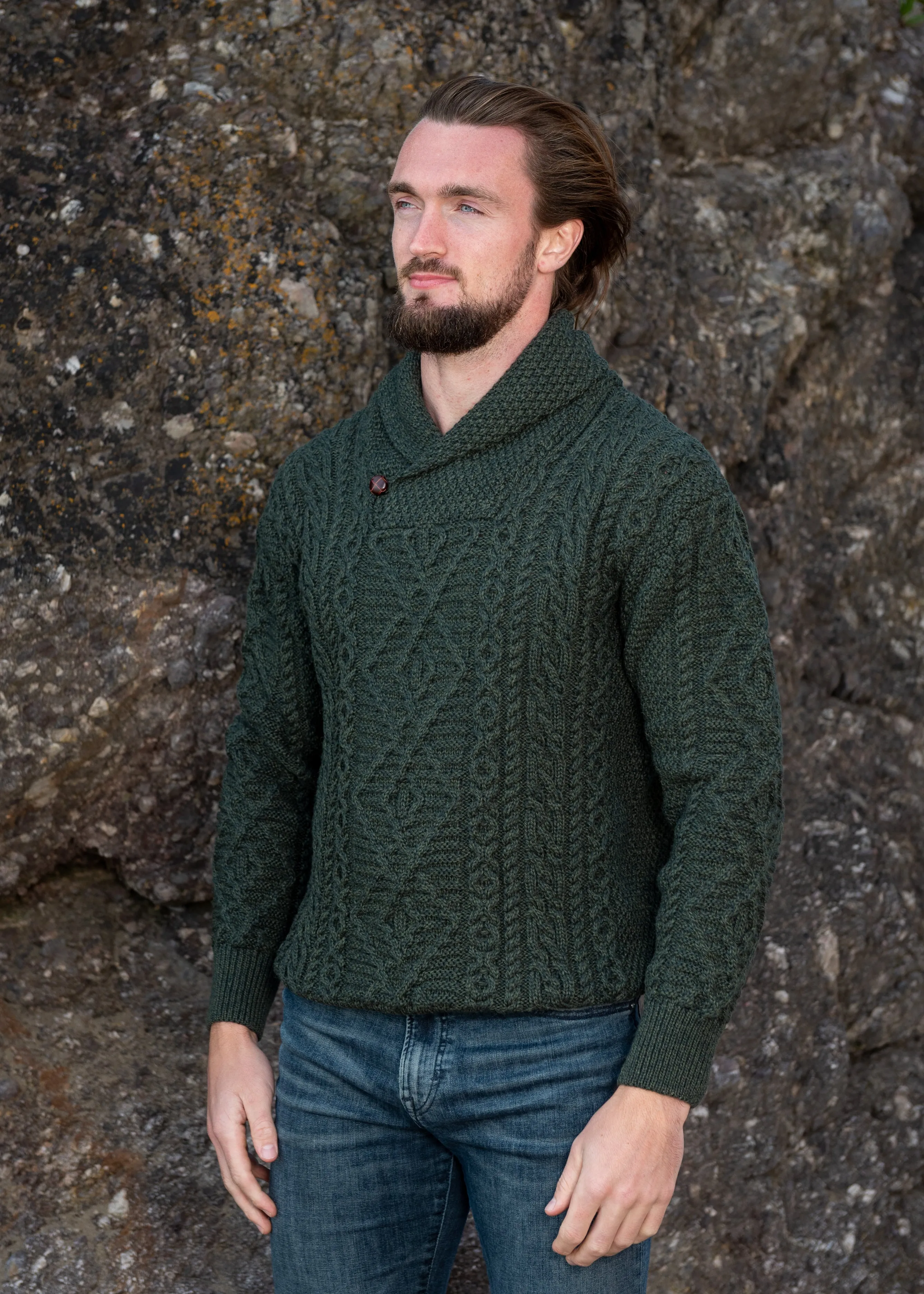 Aran Shawl Neck Army Green Sweater