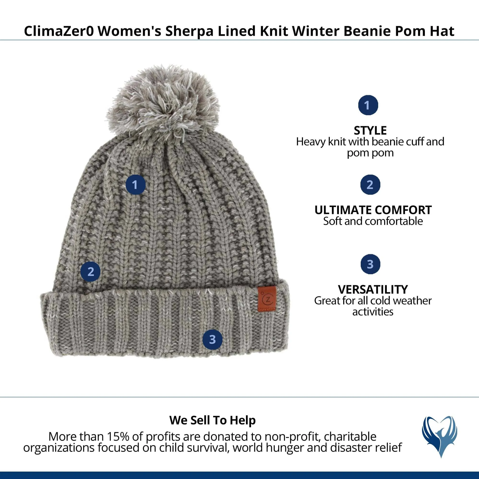 ClimaZer0 Women's Sherpa Lined Knit Winter Beanie Pom Hat