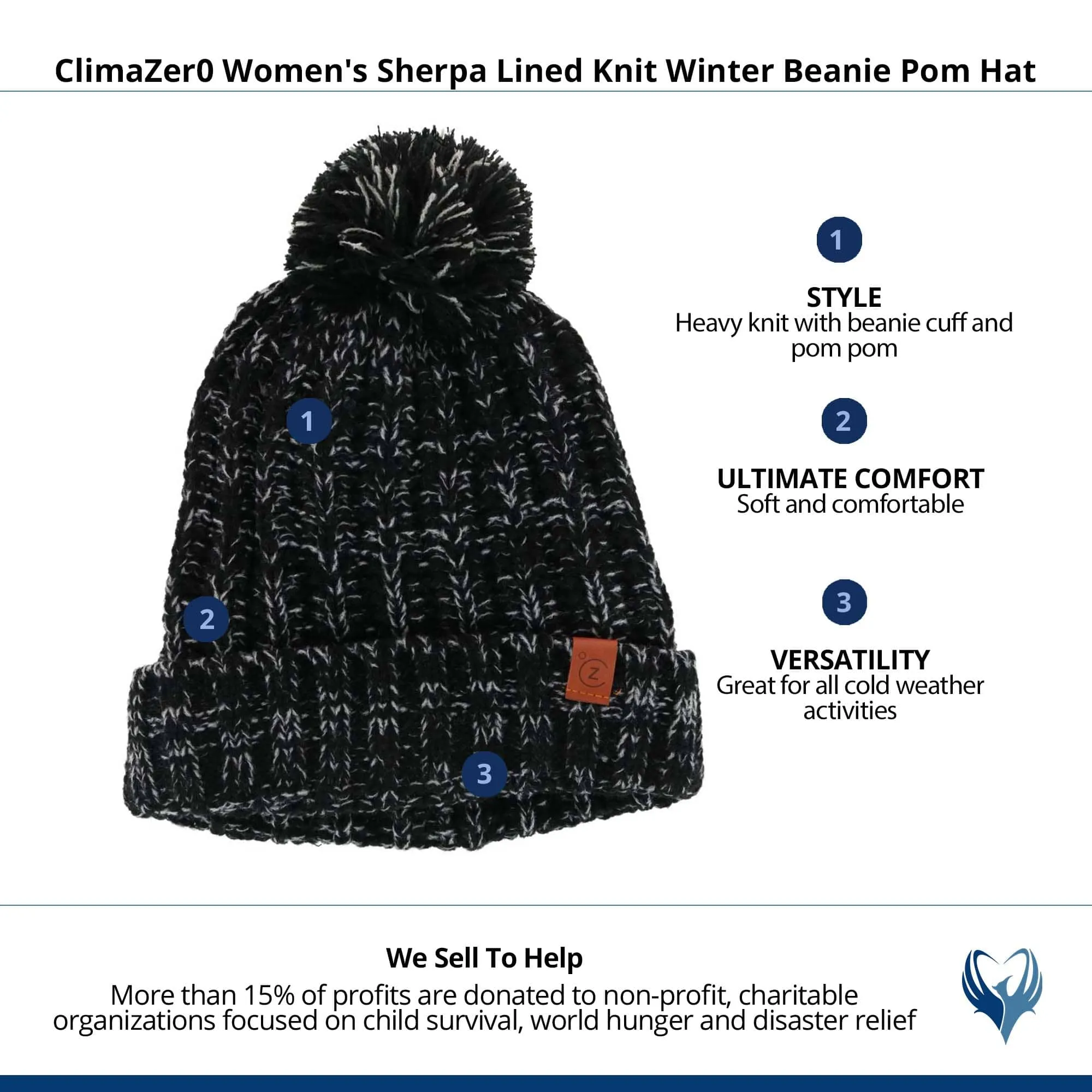 ClimaZer0 Women's Sherpa Lined Knit Winter Beanie Pom Hat