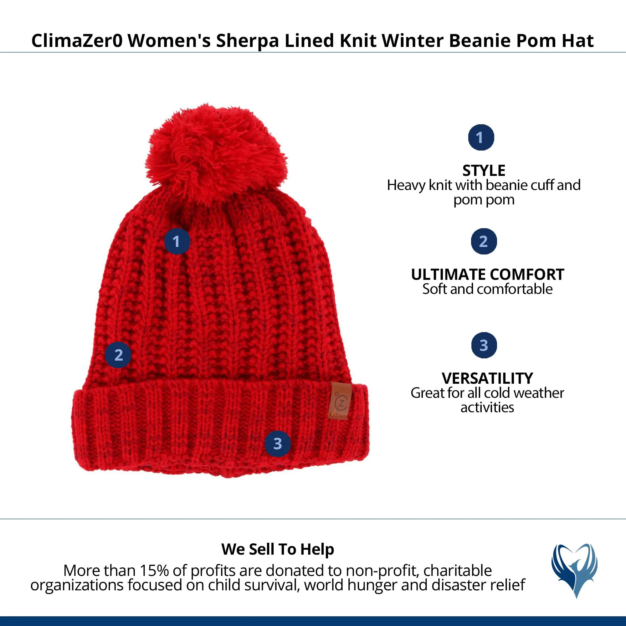 ClimaZer0 Women's Sherpa Lined Knit Winter Beanie Pom Hat