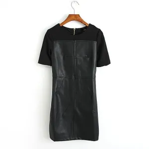 Fashion Women Autumn Winter Dress Short Sleeve Knitted Leather Patchwork Black Dresses Back Zip Straight Mini Casual Dress