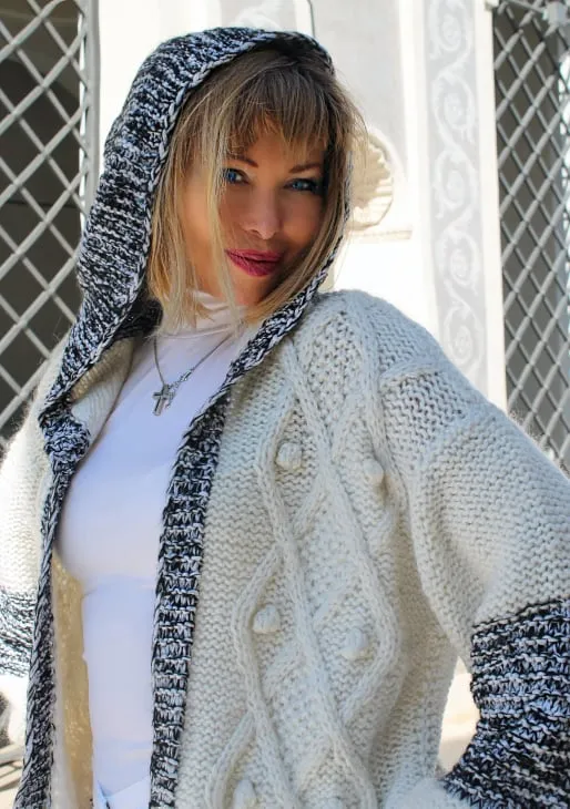 Mohair Black&White Chunky Knit Hoodie Vest Cardigan