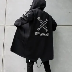 xiangtuibao Spring Autumn Men Hooded Jackets Print Harajuku Windbreaker Ribbon Overcoat Male Casual Outwear Hip Hop Streetwear Coats